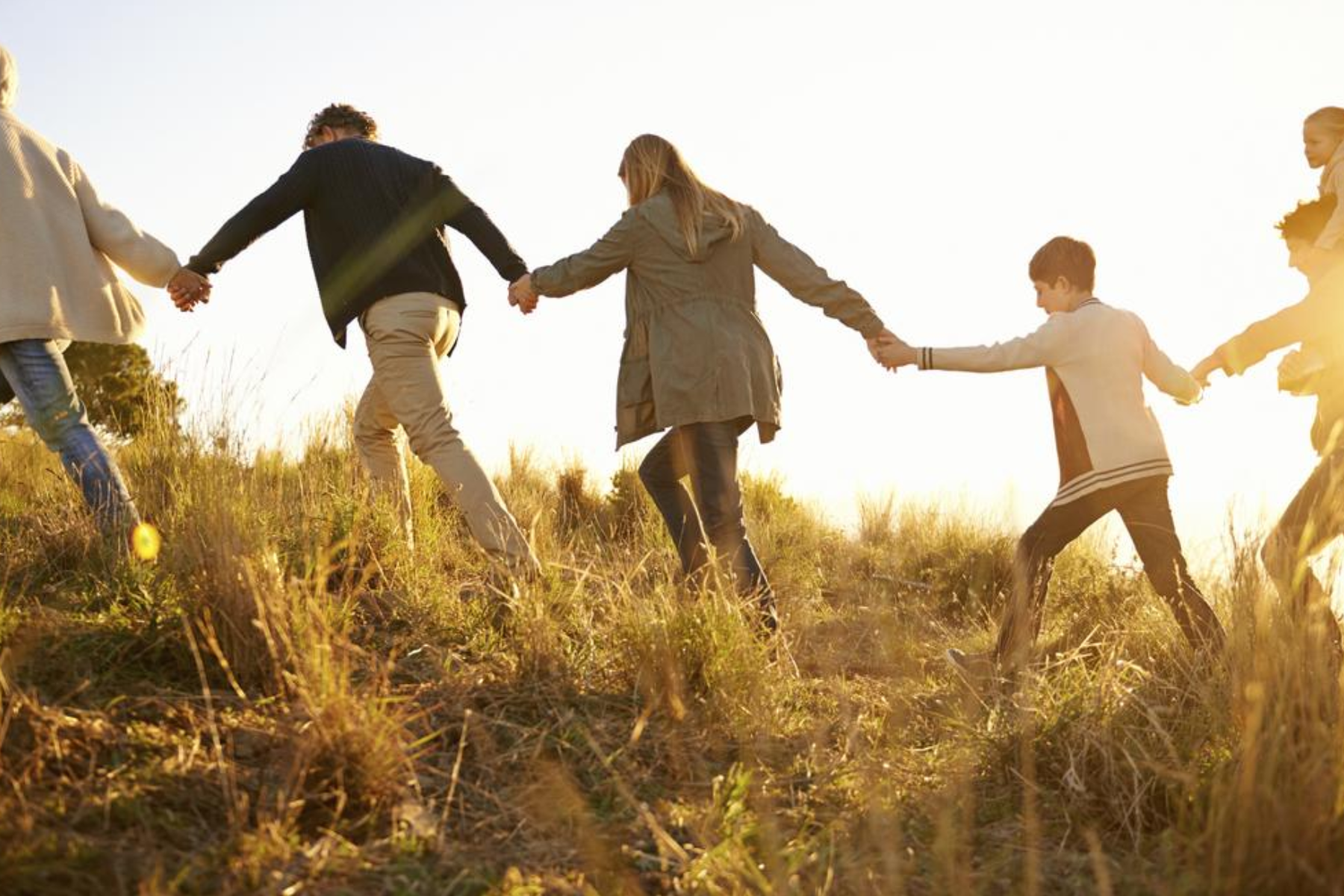 A family walks together on a grassy mountain, holding hands