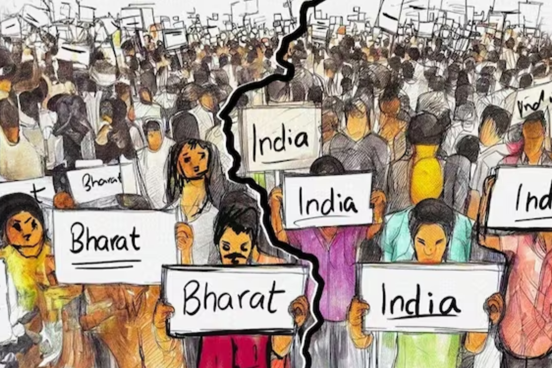 Protesters holding banners reading "India" and "Bharat"
