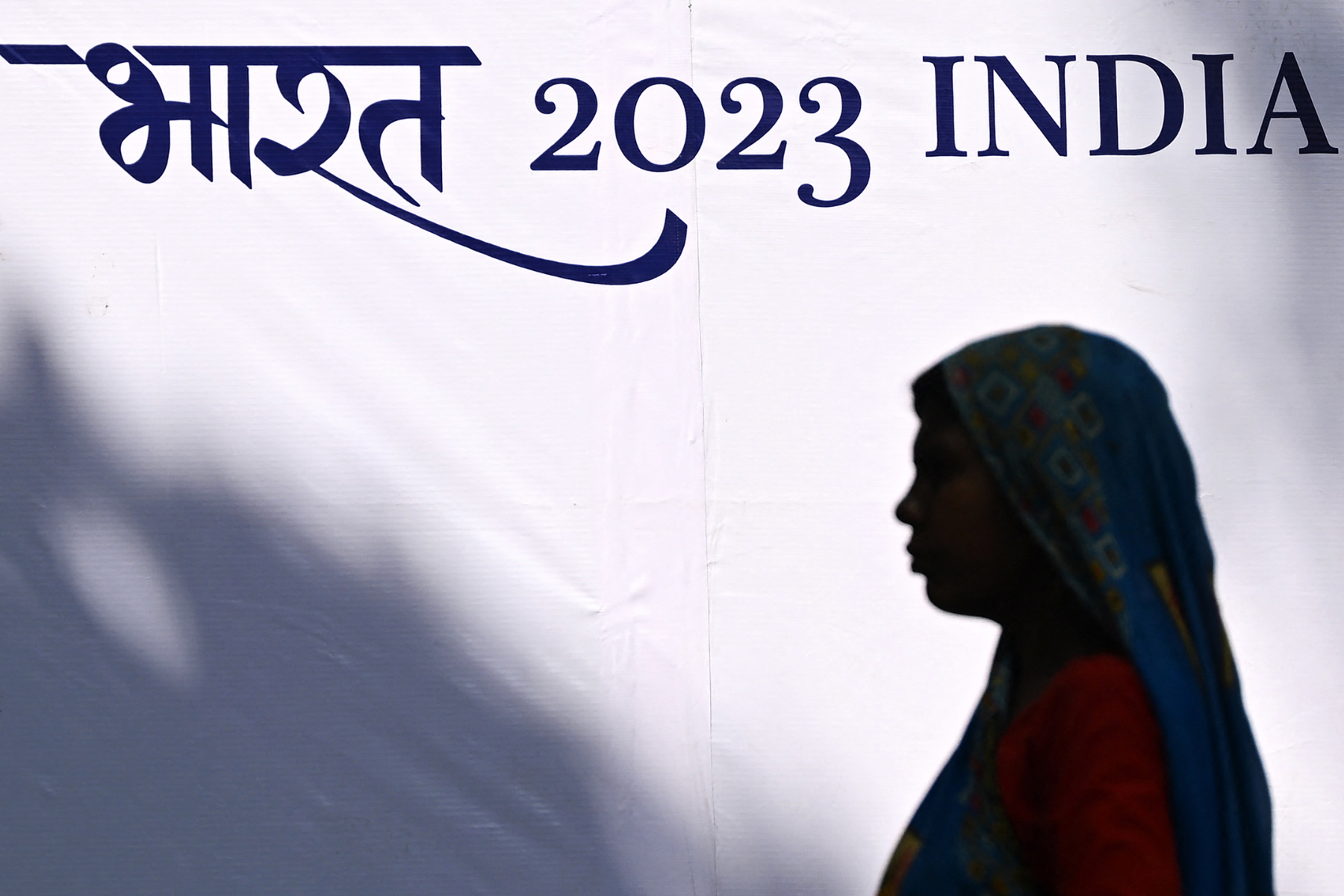 A woman stands in front of a G20 summit in New Delhi poster